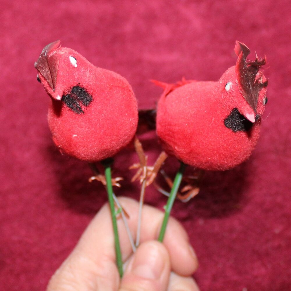 Vintage Cardinals Flocked Red Feathers Plastic Leg, Floral stick - Set of 2